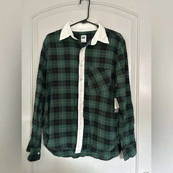 NSF Axel Multicolor green and black preppy hunter plaid button down NWT - Picture 1 of 10